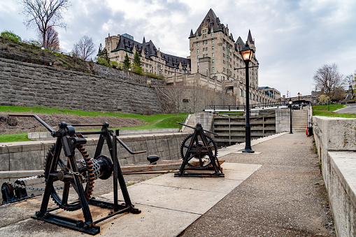 Ottawa, Canada - May 18, 2022: Wellington street in downtown near Parliament Hill buildings in spring.