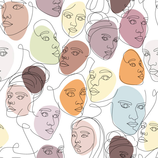Seamless pattern of female faces drawn with continuous line Seamless pattern of female faces drawn with one continuous line. Minimalistic abstract portraits of beautyful women. Modern fashion concept. Sketch on white background black and white woman stock illustrations