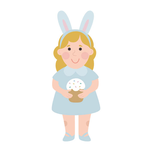 ilustraciones, imágenes clip art, dibujos animados e iconos de stock de la chica se pone el traje de un conejo de pascua con un pastel. un niño con ropa tradicional y festiva. feliz pascua, ilustración vectorial con un personaje de dibujos animados - rabbit baby rabbit hare standing