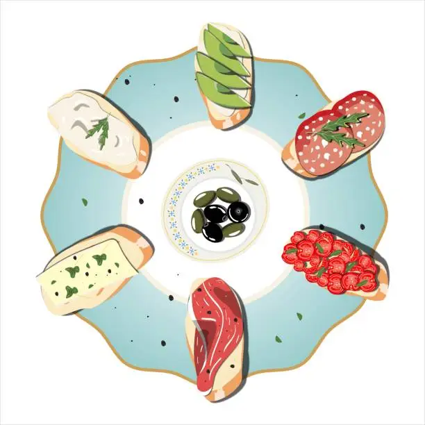 Vector illustration of Round blue plate with bruschetta.