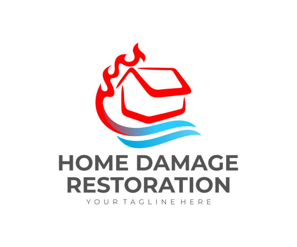 hausschäden restaurierung, wasserschaden und feuer, design. bau, reparatur, reparatur und wartung, vektordesign und illustration - house insurance home interior residential structure stock-grafiken, -clipart, -cartoons und -symbole