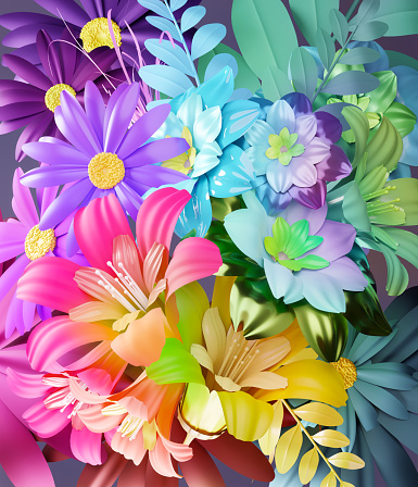 Bouquet of colourful mixed flowers. Background floral decoration 3D illustration.