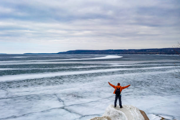 Frozen Lake Michigan with snow and ice shelves in winter