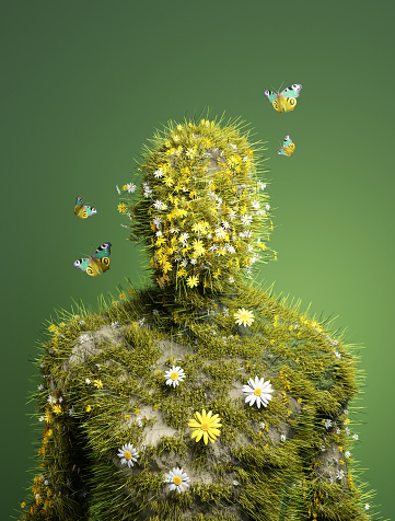 A human abstract figure made from natural organic materials such as wildflowers. Green living, People and the environment 3D illustration.