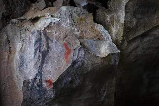 Petroglyphs in Symbol Bridge Cave at Lava Beds National Monument in California, USA.