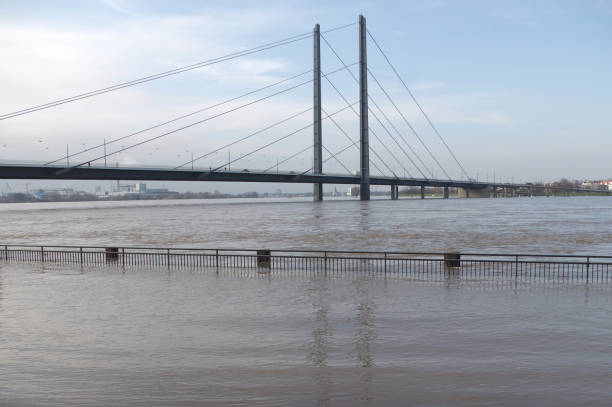 Winter floods of the Rhine in Düsseldorf stock photo