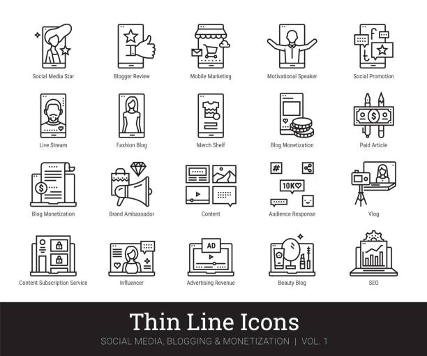 Social Media, Blogging, Monetization Thin Line Icons. Vector Clip Art Collection Isolated On White Background Social network, blog monetization thin line icons. Social media marketing, people community, blogging modern linear concept of info blog, vlog, promotion for web and mobile app. Content making, social marketing, seo vector pictogram set. influencer stock illustrations