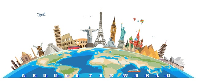 Historical and touristic symbols on the world map. Colorful vector illustration of the most famous monuments in the world. Places to travel
