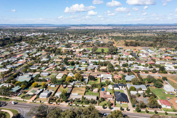 Drone aerial photograph of the township of Parkes in regional New South Wales in Australia Drone aerial photograph of the township of Parkes in regional New South Wales in Australia new south wales photos stock pictures, royalty-free photos & images