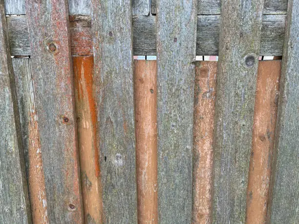 Photo of Surface texture of gray wooden old zoonotic fence made of vertical planks. The background