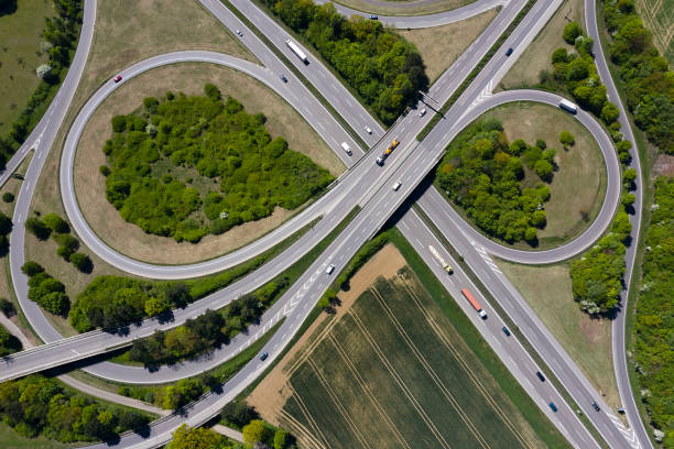 istock Aerial view of curvy highway junctions 1313543414