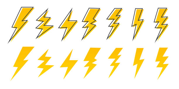 illustrazioni stock, clip art, cartoni animati e icone di tendenza di impostare l'illustrazione vettoriale del fulmine moderno.  raccolta icone flash di illuminazione - allegory painting flash