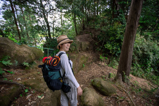 istock Japanese woman looking over shoulder on hiking course 1313550753