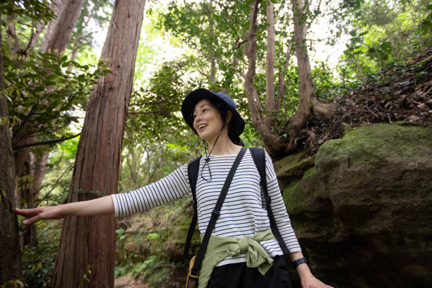 istock Happy woman hiking in forest 1313550789