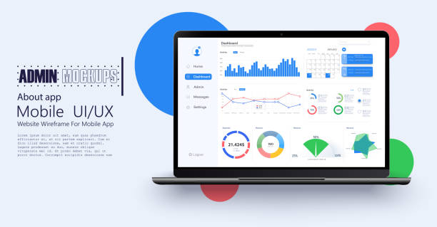 Laptop showing charts and graph, analysis business accounting, statistics concept. Digital marketing, business analysis. Data growth diagram. Business website modern ui, ux, kit, admin. Vector Laptop showing charts and graph, analysis business accounting, statistics concept. Digital marketing, business analysis. Data growth diagram computer presentation stock illustrations