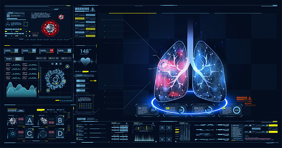 HUD, GUI, FUI dashboard element ui medical examination. Display set of virtual interface elements. Covid-19. Human lungs. Low poly wireframe and points.