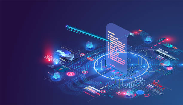 Digital smart contract, isometric icon concept of electronic signature, blockchain technology crypto. Online e-contract document. Can use for web banner. Vector illustration Digital smart contract, isometric icon concept of electronic signature, blockchain technology crypto. Online e-contract document. blockchain technology stock illustrations