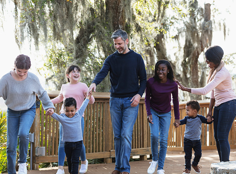 A multi-ethnic blended family walking in the park together on a sunny day. The African-American mother and Caucasian father have mixed race twin boys, almost 3 year old. Their daughters and step-daughters, 11 to 15 years old, are holding hands with the younger children.