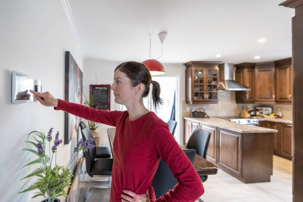 istock Woman Using Home Automation on Digital Tablet to Open Lights in Kitchen and dining room 1313553438