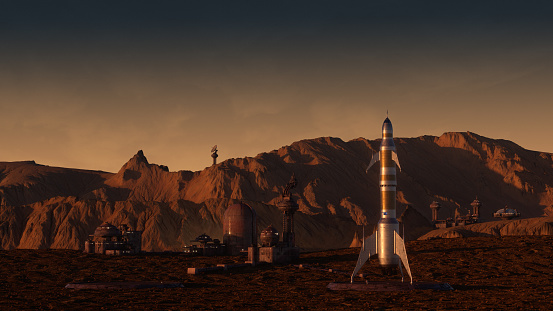 3d rendering of a rocket on the martian surface.