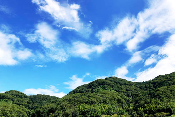 A stunning summer view of Mount Bandai in Fukushima Prefecture, Japan, under a clear blue sky with the bright sun shining above. The mountain is surrounded by lush green forests.