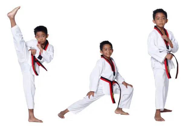 Photo of TaeKwonDo Karate Kid athlete young teenager show traditional Fighting
