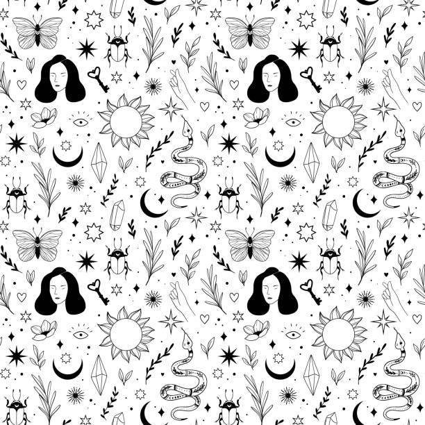 Modern hand drawn vector seamless pattern of planet, woman, floral leaves, magic elements. Abstract line drawing. Bugs, crystal, flowers, snake, tattoo background. Trendy space signs of floral motifs Modern hand drawn vector seamless pattern of planet, woman, floral leaves, magic elements. Abstract line drawing. Bugs, crystal, flowers, snake, tattoo background. Trendy space signs of floral motifs simple snake tattoo drawings stock illustrations