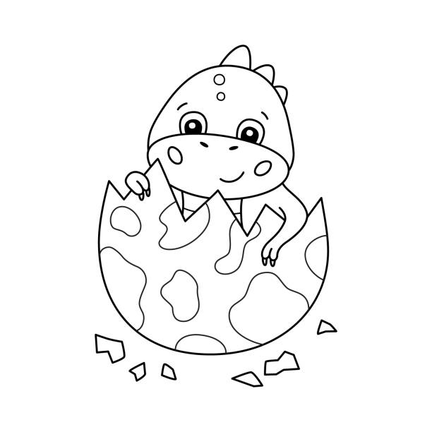 illustrazioni stock, clip art, cartoni animati e icone di tendenza di simpatico piccolo dinosauro si schiude da un uovo. dino per libro da colorare per bambini. baby tyrannosaurus. - newborn animal illustrations