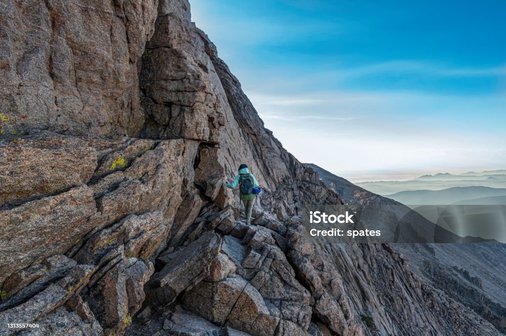 Hiking through the Ledges on Longs Peak Hiking the Ledges, via the Keyhole route on Longs Peak, a popular 14er located in Rocky Mountain National Park, Colorado Hiking Stock Photo