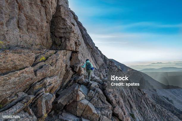 Hiking Through The Ledges On Longs Peak Stock Photo - Download Image Now - Hiking, Longs Peak, Adult