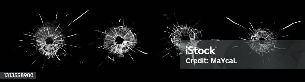 Bullet Holes In The Glass Collage Or Set Stock Photo - Download Image Now - Bullet, Glass - Material, Black Color