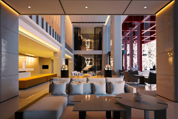 istock 3d render of luxury hotel reception and lobby 1313560362