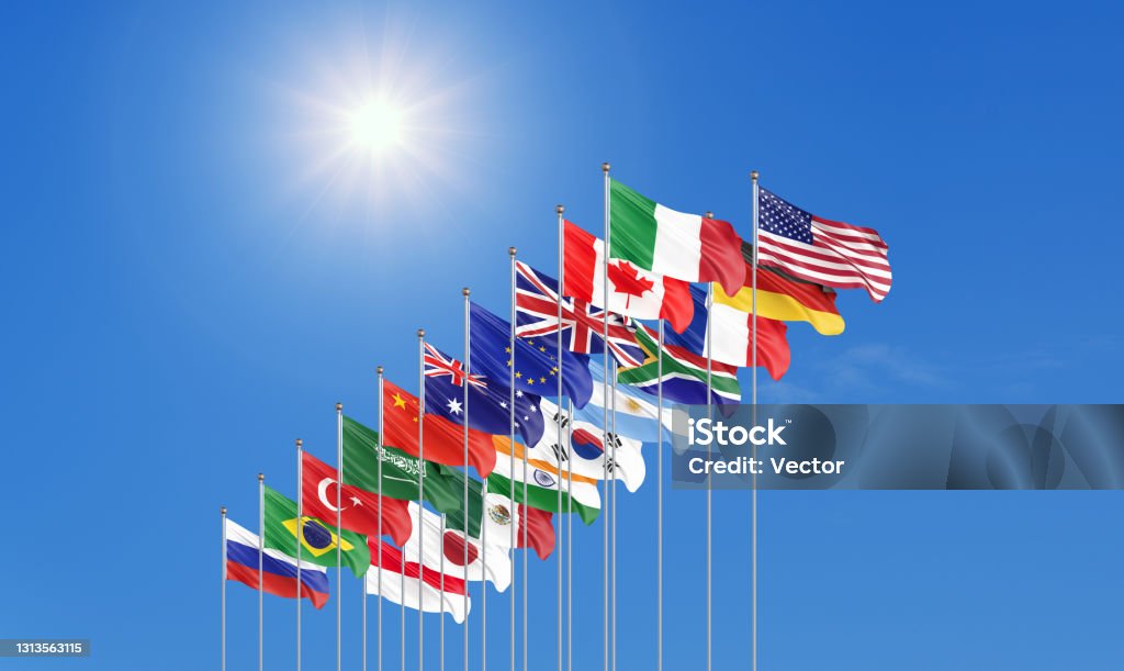 Waving flags countries of members Group of Twenty. Big G20, in Rome, the capital city of Italy, on 30â31 October 2021. 3d Illustration. Isolated on sky background. Group of 20 Stock Photo