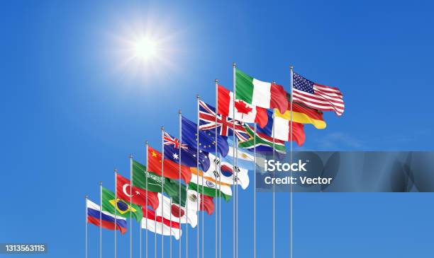 Waving Flags Countries Of Members Group Of Twenty Big G20 In Rome The Capital City Of Italy On 30â31 October 2021 3d Illustration Isolated On Sky Background Stock Photo - Download Image Now