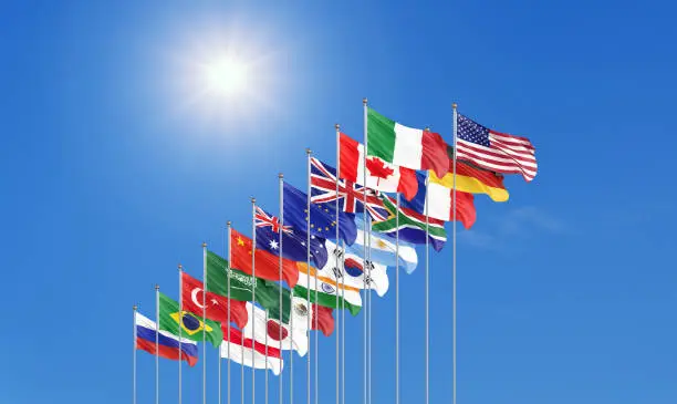 Waving flags countries of members Group of Twenty. Big G20, in Rome, the capital city of Italy, on 30â31 October 2021. 3d Illustration. Isolated on sky background.