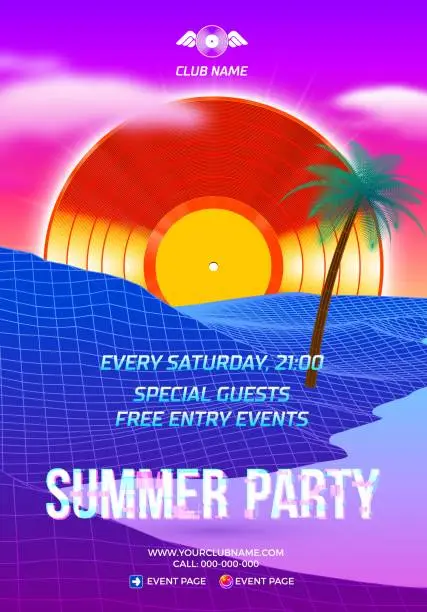 Vector illustration of Beach party poster for clubbing dance event with 80s retro or synth wave style and palm trees