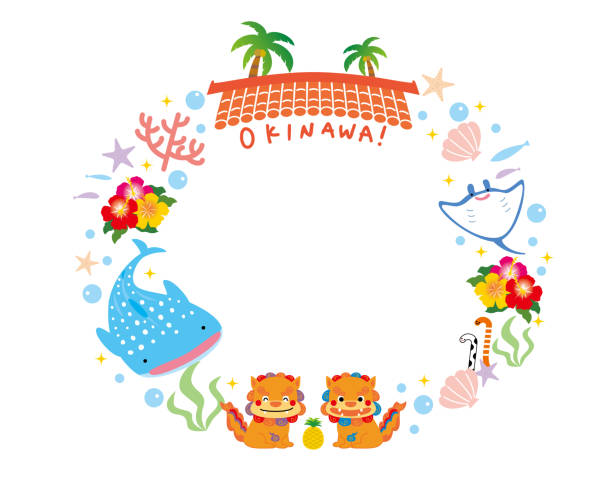 ilustrações, clipart, desenhos animados e ícones de conjunto de ilustração do quadro okinawa - vector reef coral shark