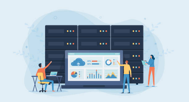 business technology cloud computing service concept and datacenter storage server connect on cloud with administrator and developer team working on dashboard monitor concept This file EPS 10 format. This illustration
contains a transparency . cloud computing illustrations stock illustrations