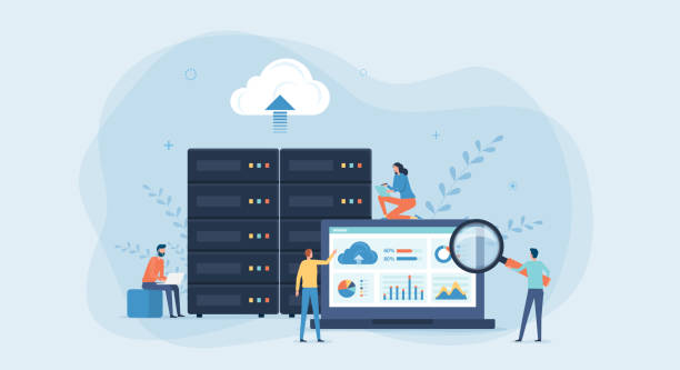 business technology cloud computing service concept and datacenter storage server connect on cloud with administrator and developer team working on dashboard monitor concept This file EPS 10 format. This illustration
contains a transparency . cloud computing illustrations stock illustrations