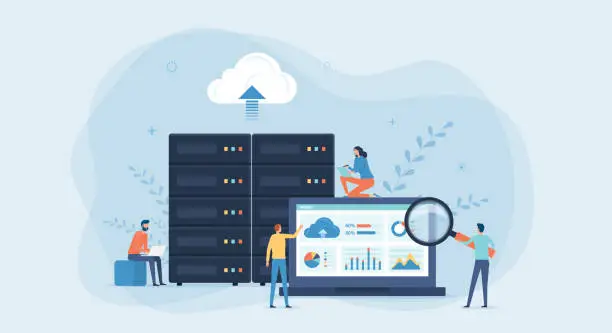 Vector illustration of business technology cloud computing service concept and datacenter storage server connect on cloud with administrator and developer team working on dashboard monitor concept