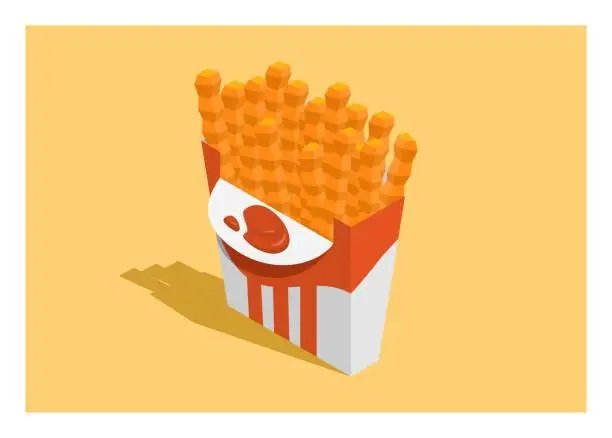 Vector illustration of Curly french fries with tomato sauce in a paper container. Simple flat illustratuion in isometric view.
