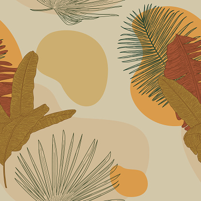 Seamless tropical leaf patterns in a line art style in trendy earthy and terracotta colors. Makes a great background or frame!
