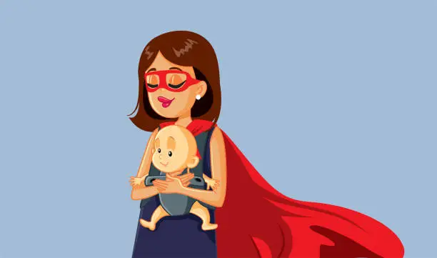 Vector illustration of Superhero Mom Holding Baby in Carrier Vector Illustration