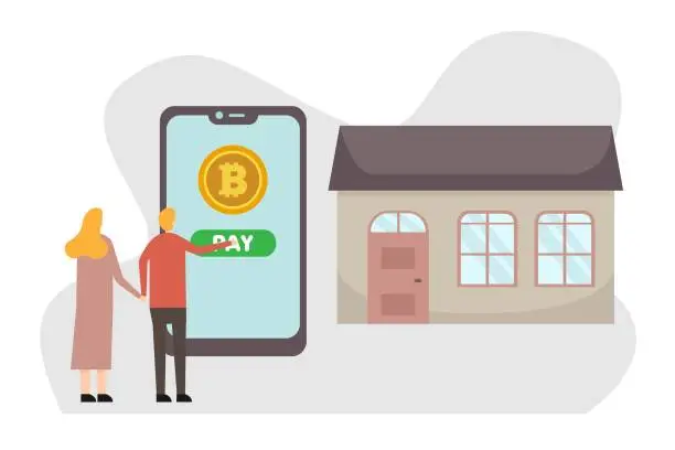 Vector illustration of Couple buying house online and paying with bitcoin
