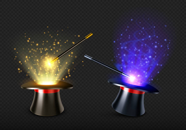 Magic wand and magician hat with spell light Magic wand and magician hat with spell light and sparkles. Illusionist black cylinder with mystery glow and stick for miracles. Vector realistic set of 3d high cap with red ribbon and wizard wand sorcerer hat stock illustrations