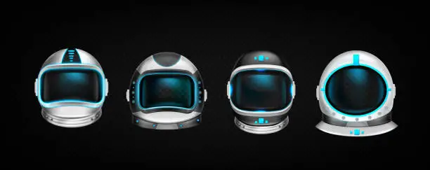 Vector illustration of Astronaut helmets, cosmonaut 3d space suit set