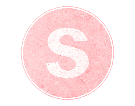 A faded pink colored alphabet S in bold font over a pale light pink grunge circular backdrop. There is ample copy space and no people. Apt for use as educational and learning tools or charts for kids. This vector illustration is part of a complete series of 26 alphabets A to Z   number digits 0, 1, 2, 3 to 10 and some special characters like at the rate, check mark, cross or caution mark, question mark, dollar USD and INR rupee symbols.