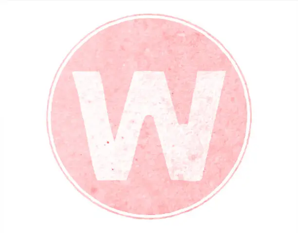 Vector illustration of Horizontal soft faded pink colored spotted Upper case or capital alphabet or letter Big W encircled inside a bordered or framed pastel light peach circle over white vector backgrounds- part of series