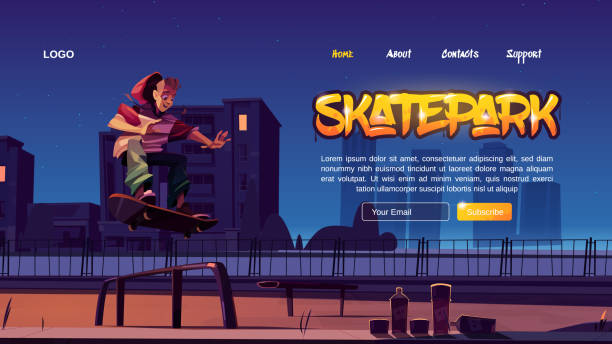 stockillustraties, clipart, cartoons en iconen met skatepark cartoon landing, tiener op rollerdrome - skateboardpark