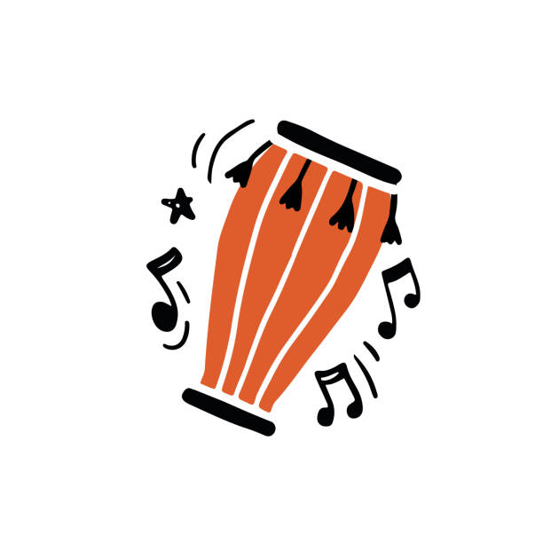 Traditional bongo drum with black notes Minimalist vector illustration of traditional African percussion instrument called bongo drum hand drawn in flat style and surrounded with black notes playing rhythmic authentic music cartoon of a african bongo drums stock illustrations